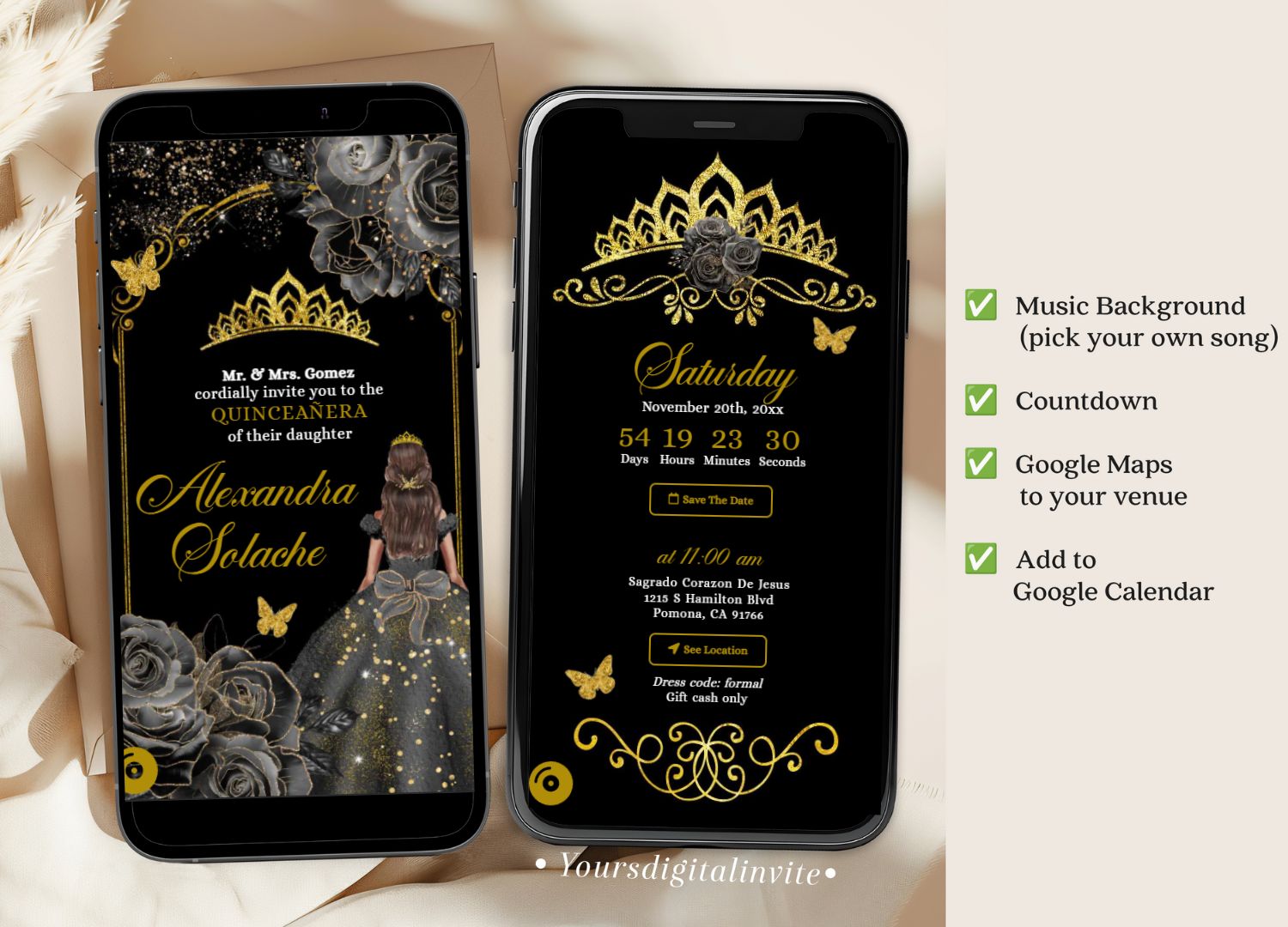 Elegant Black and Gold Roses Royal Mexican Princess Invitation Event Details