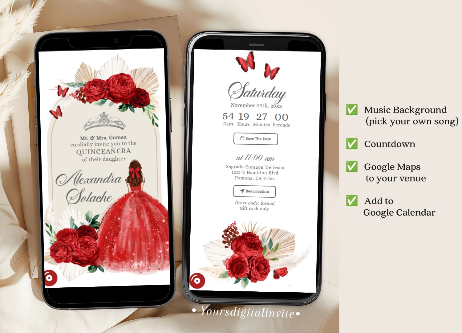 Boho Red Roses Pampas Grass Princess Mis Quince event details