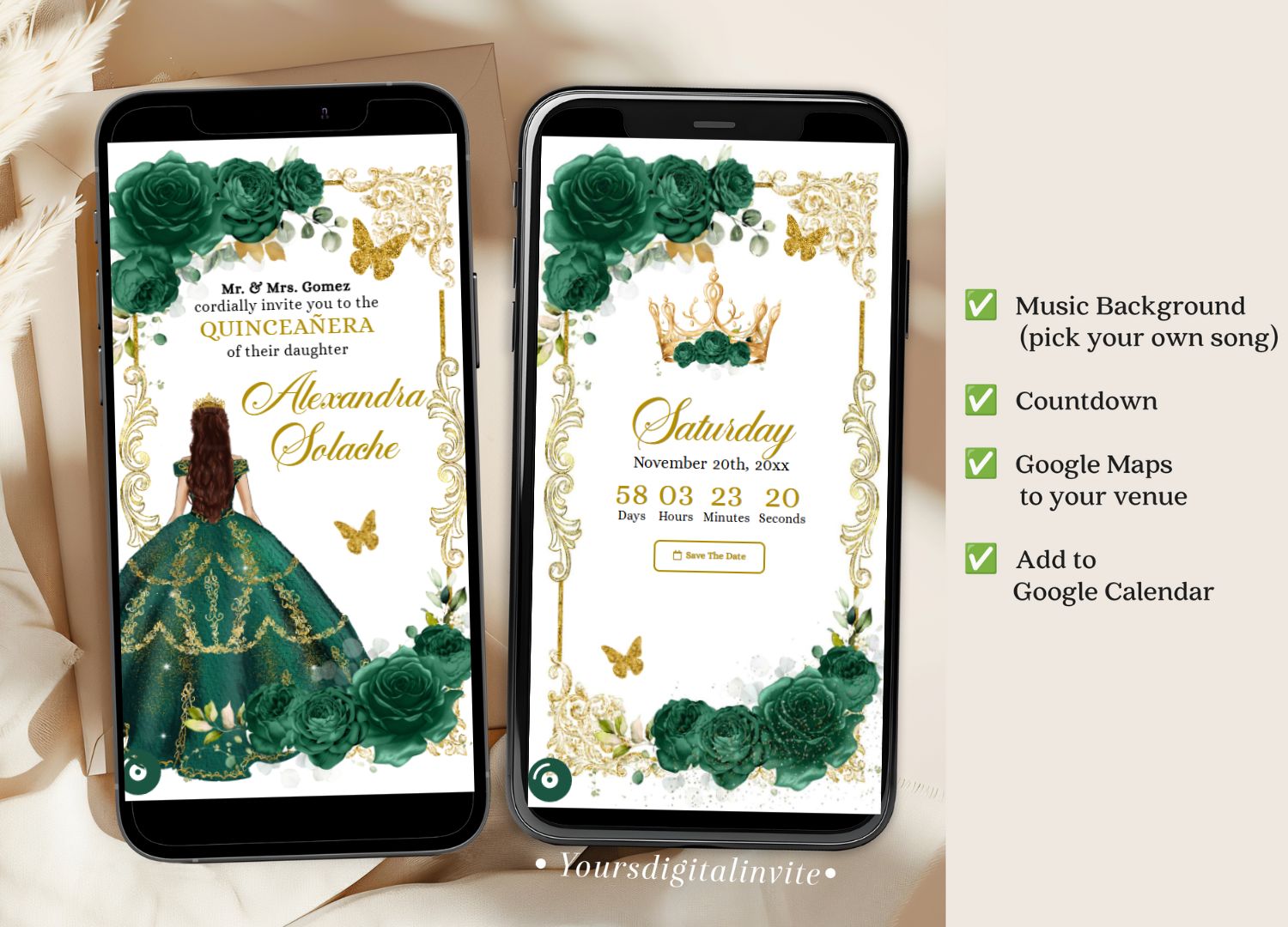 1+3 A22 Emerald Elegant Emerald Green Princess Quinceanera Invitation