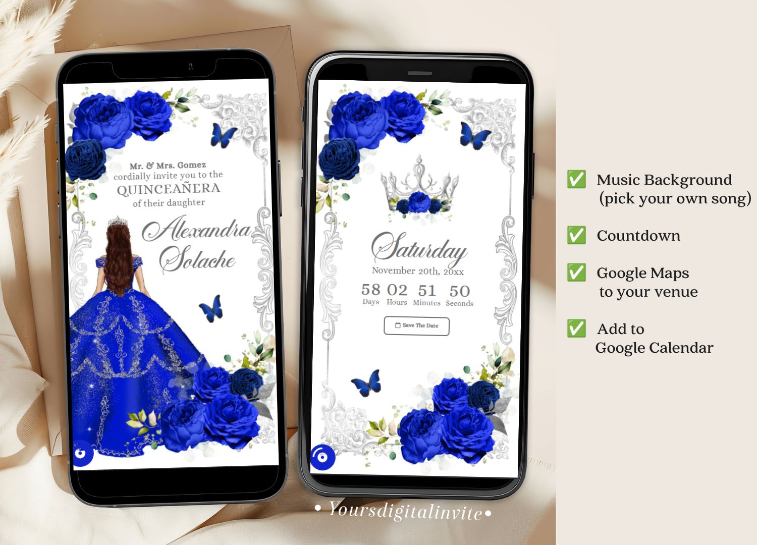 1+3 A22 ROyal Elegant Royal Blue Princess Quinceanera Invitation