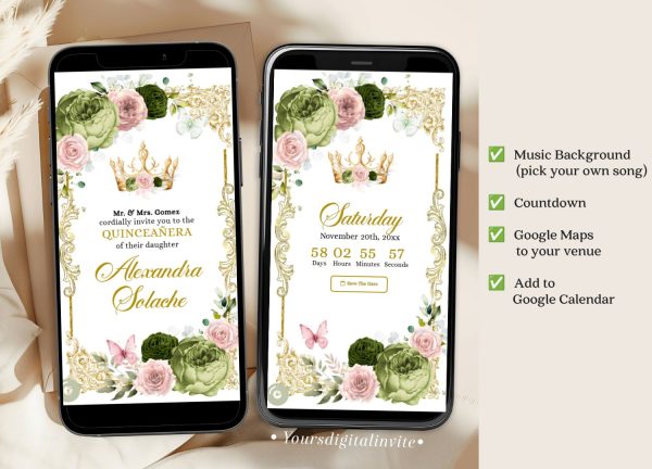 Elegant Sage and Green Quinceanera Invitation