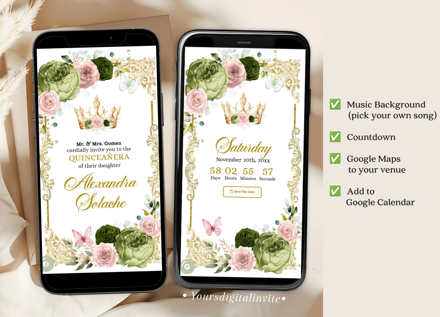 1+3 A22 Sega Elegant Sage and Green Quinceanera Invitation