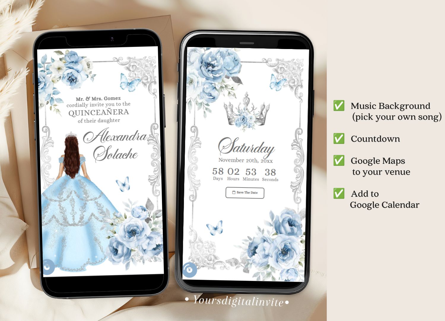 Elegant Baby Blue Princess Quinceanera Invitation