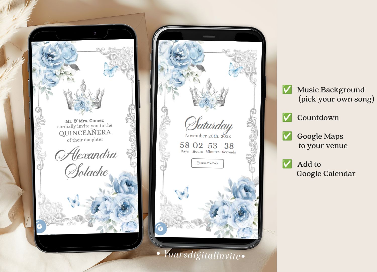 Elegant Baby Blue Quinceanera Invitation event details