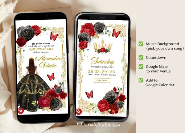 A22 Black and Red Princess Quinceanera Invitation