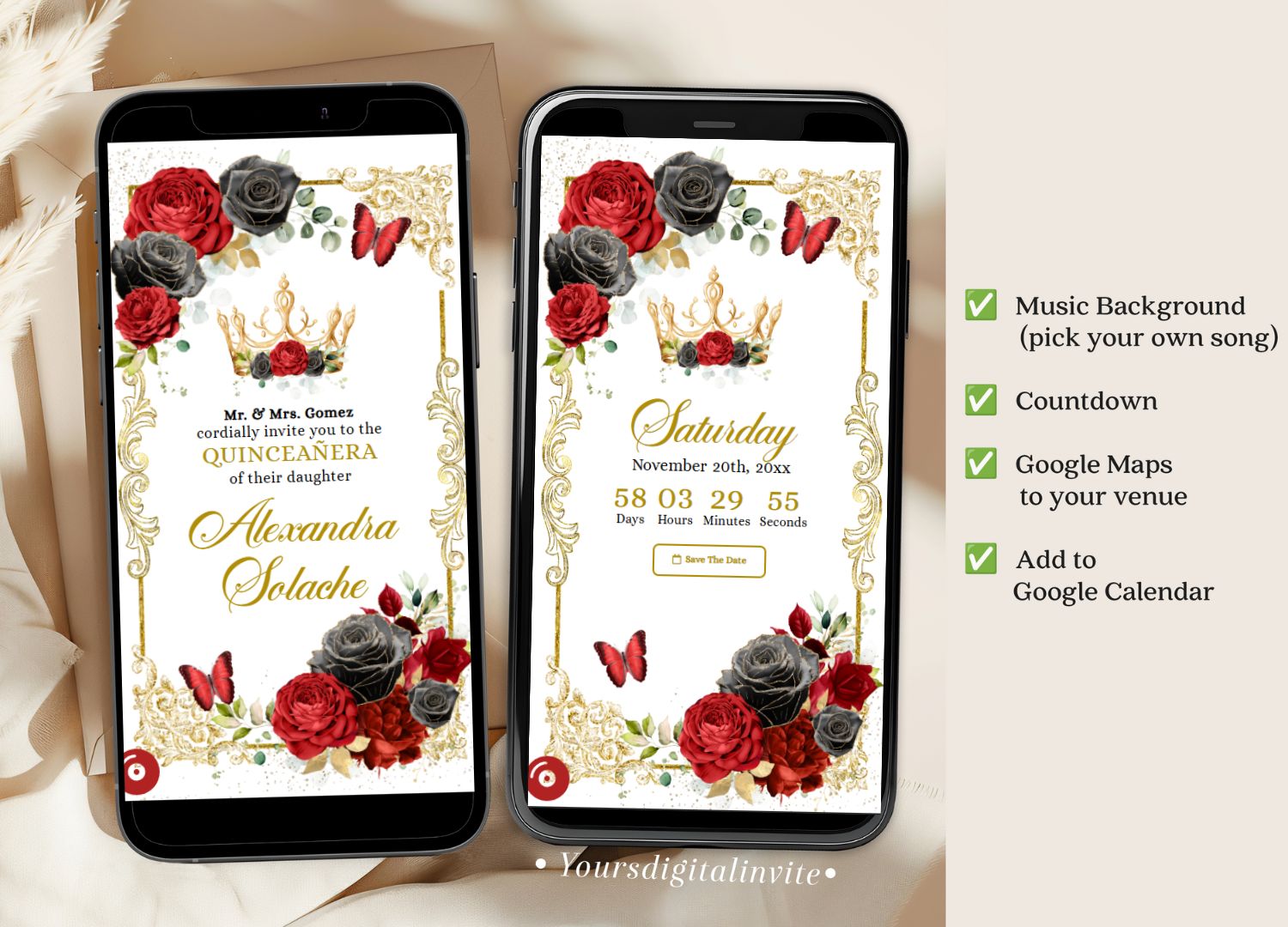 A22 Black and Red Quinceanera Invitation