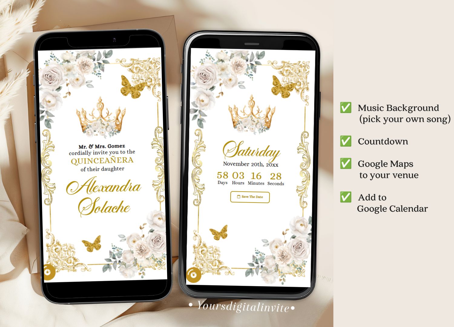 Elegant Ivory Champagne Quinceanera Invitation