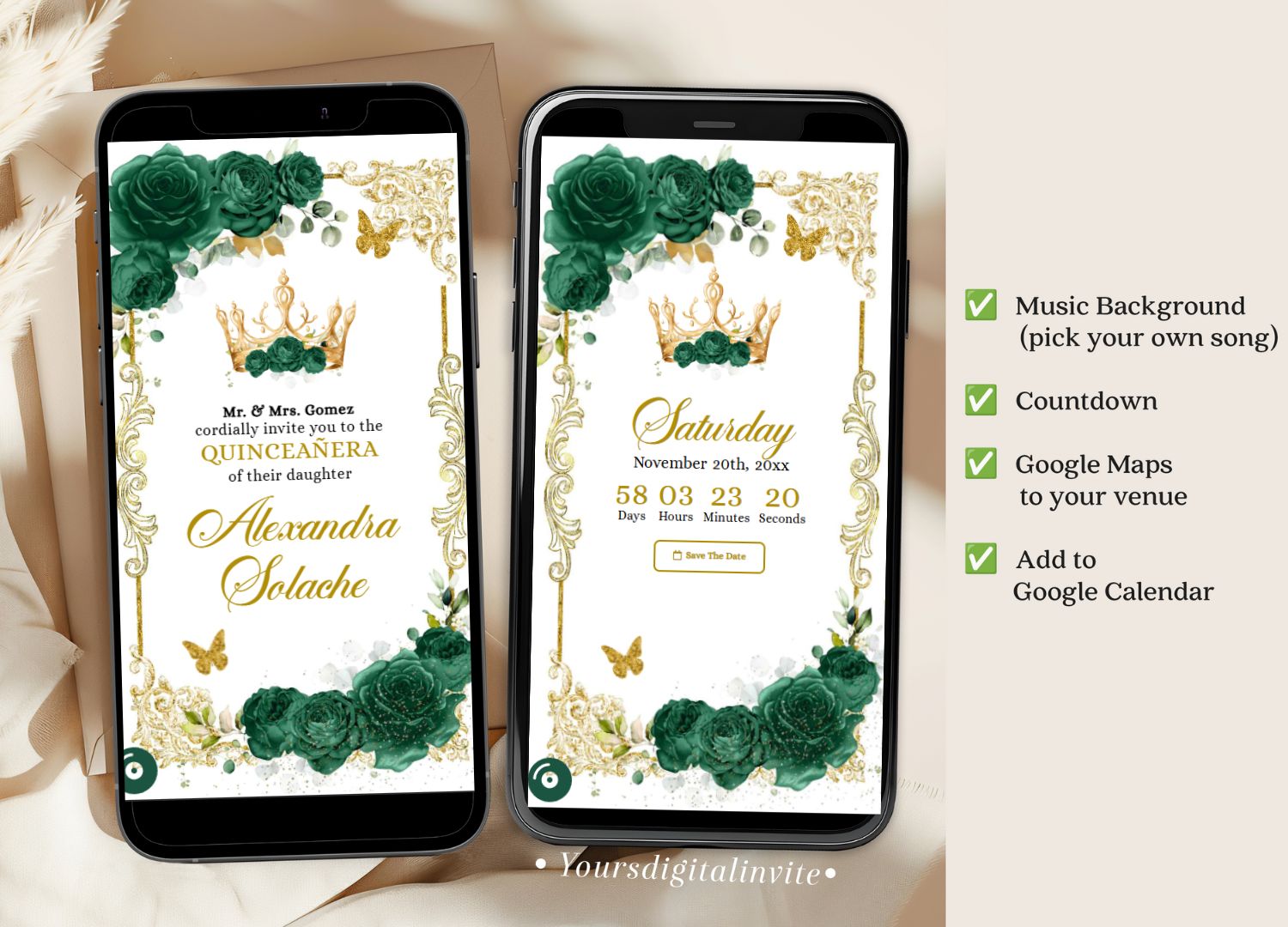 Elegant Emerald Green Quinceanera Invitation