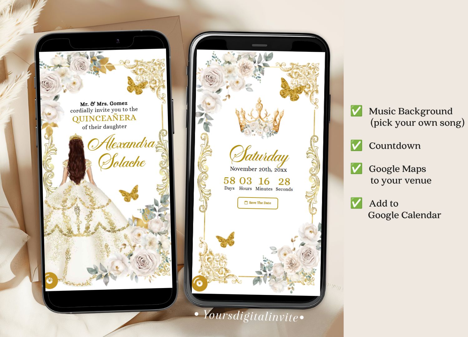 Elegant Ivory Champagne Princess Quinceanera Invitation