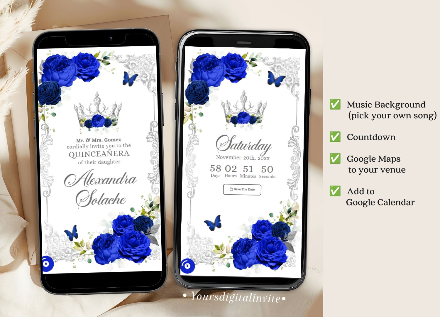 Elegant Royal Blue Quinceanera Invitation
