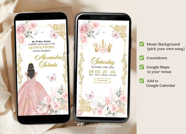 Elegant Rose Gold Princess Quinceanera Invitation