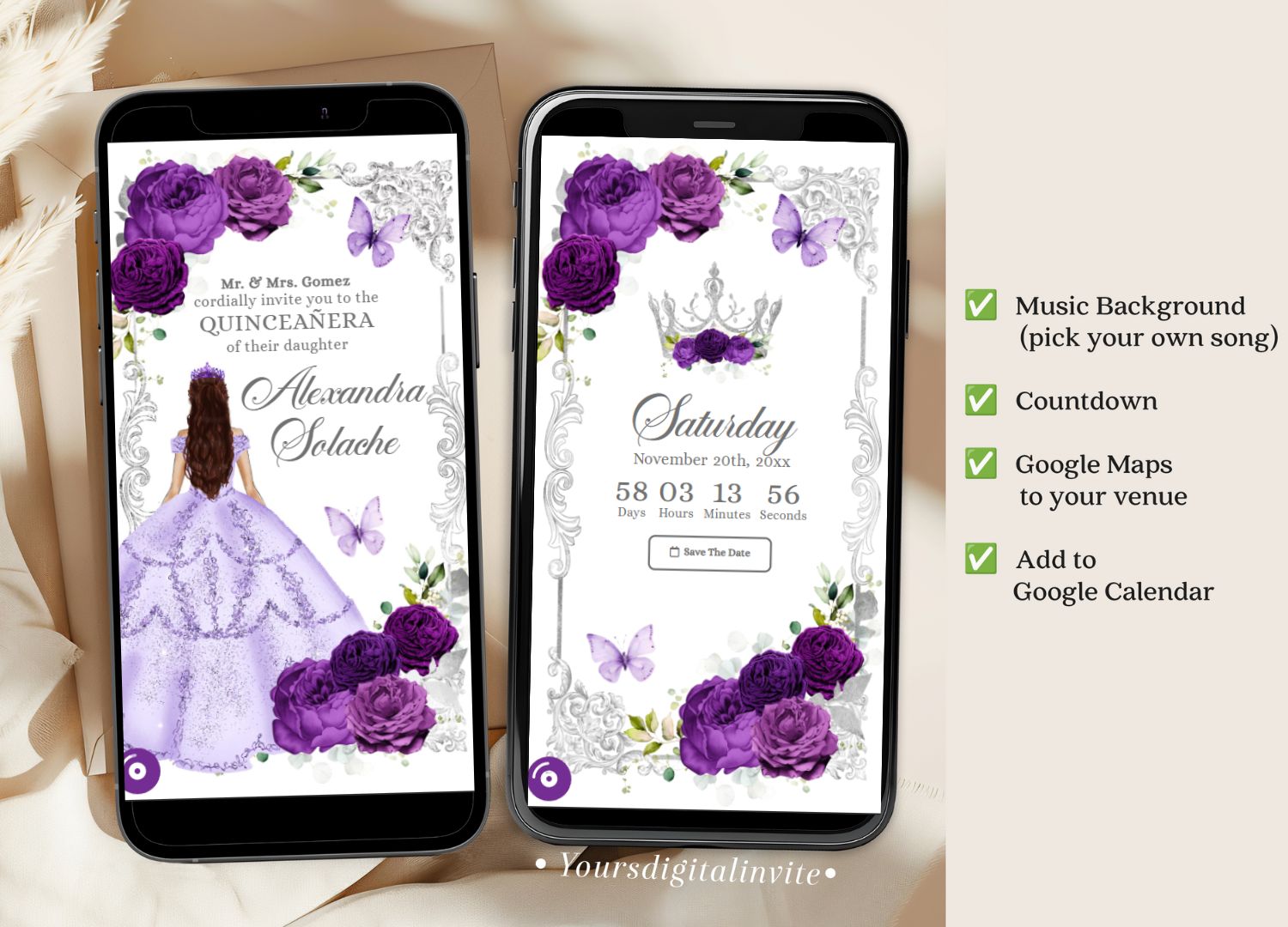 1+3 A22 purple Elegant Purple Princess Quinceanera Invitation