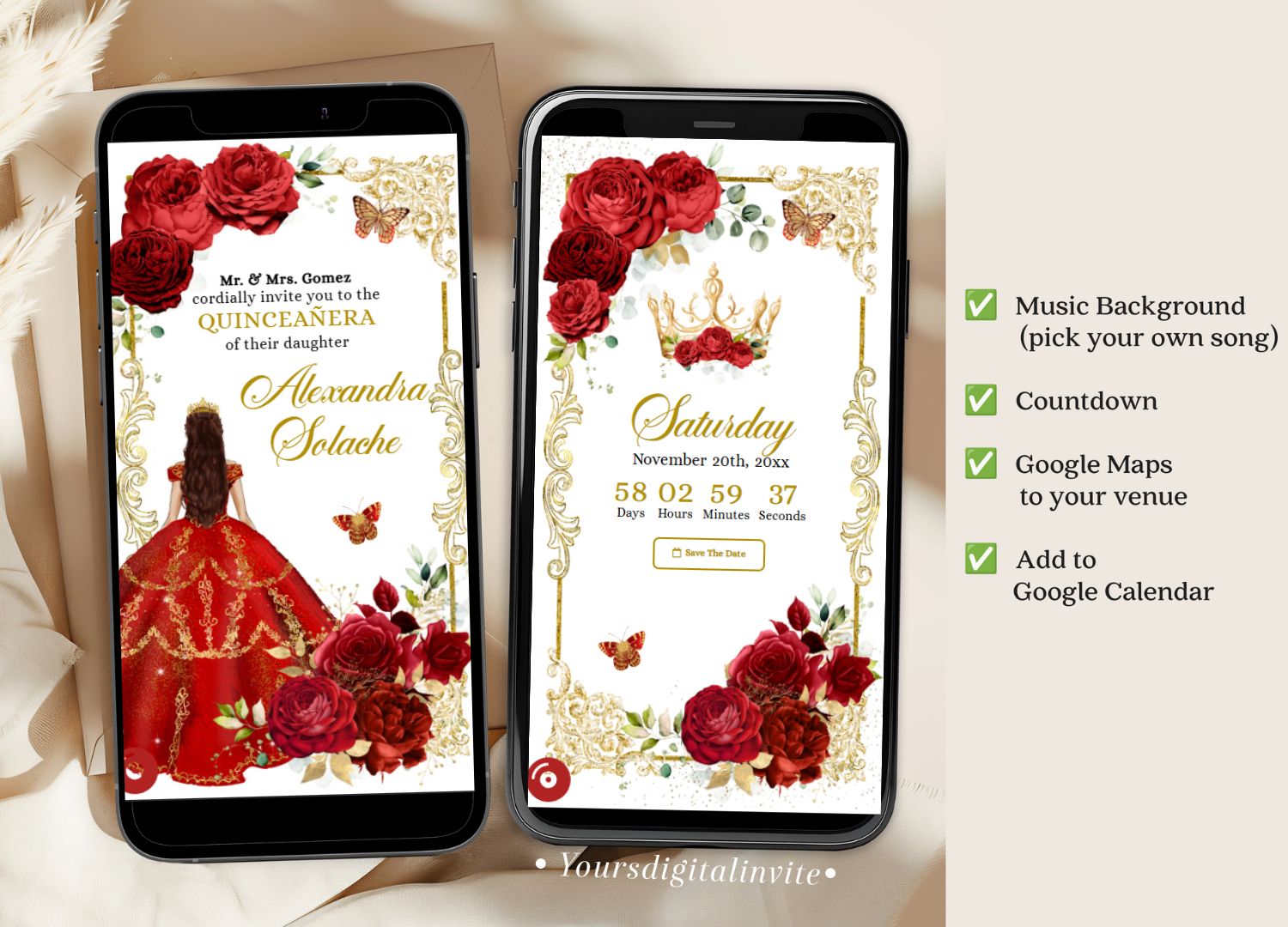 1+3 A22 reds Elegant Red Princess Quinceanera Invitation