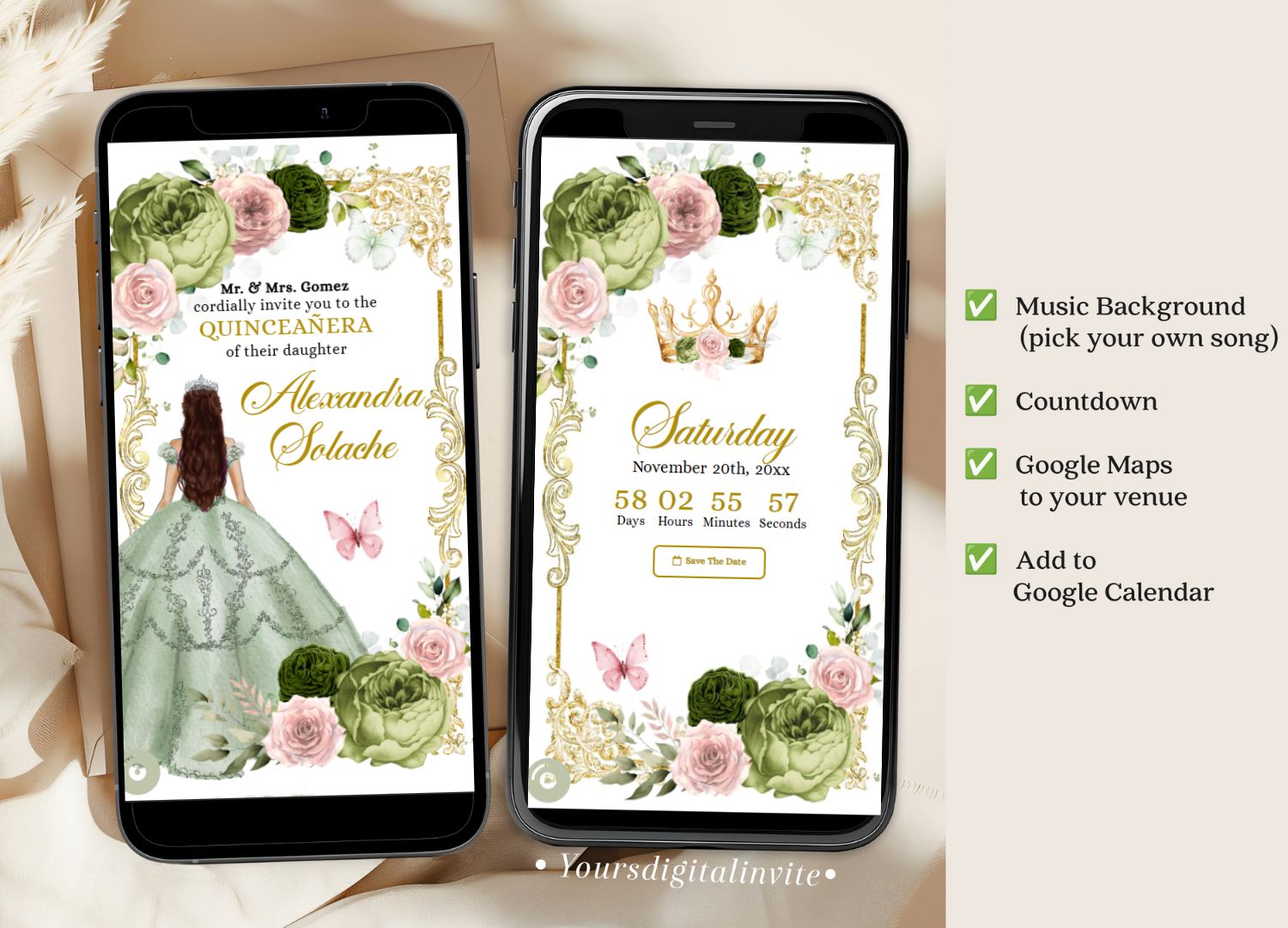 Elegant Sage and Pink Princess Quinceanera Invitation