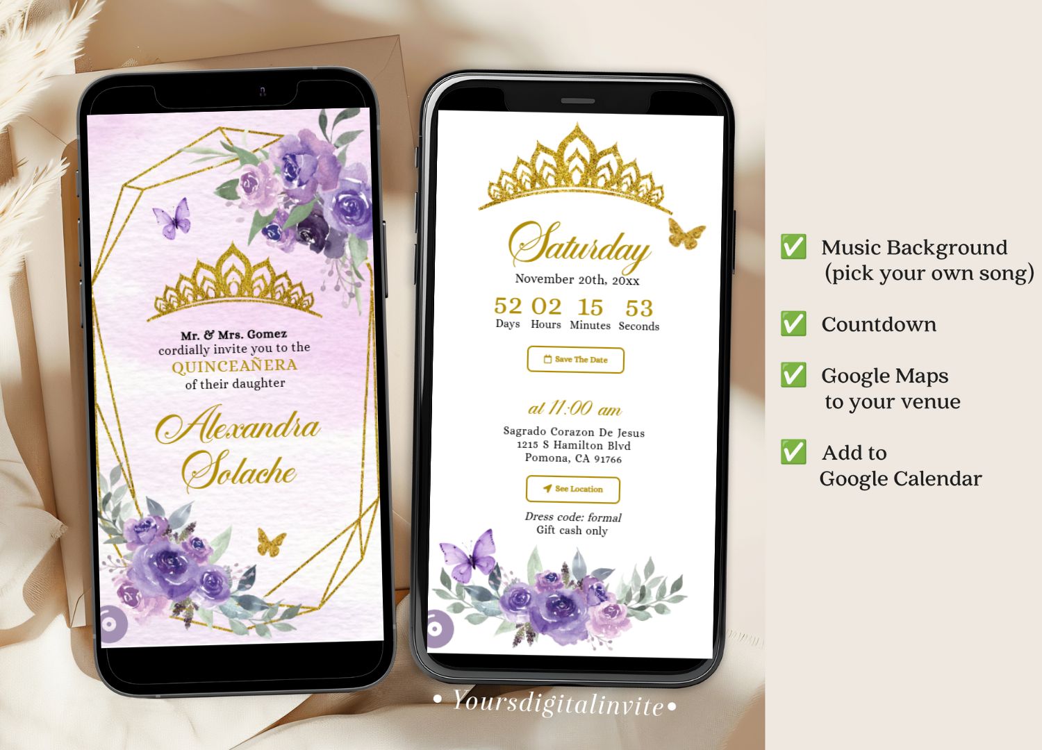 Gold Purple Floral Butterfly Crown Quinceanera Invitation event details
