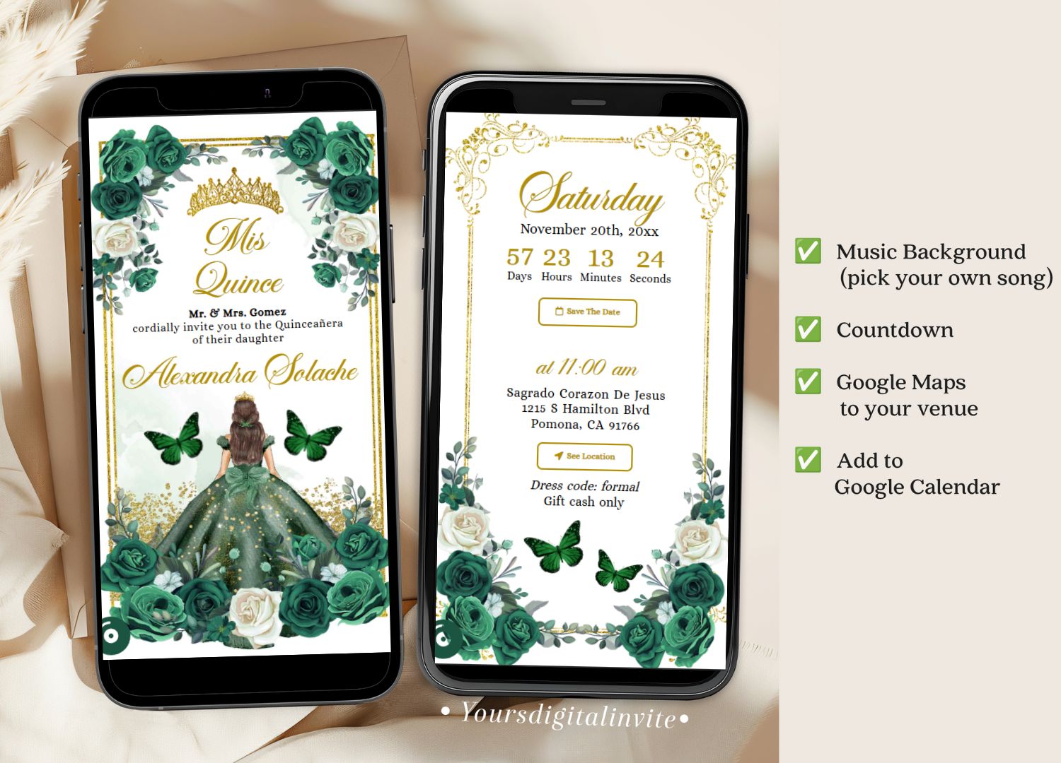 Gold and Emerald Green Princess Quinceanera Invitation