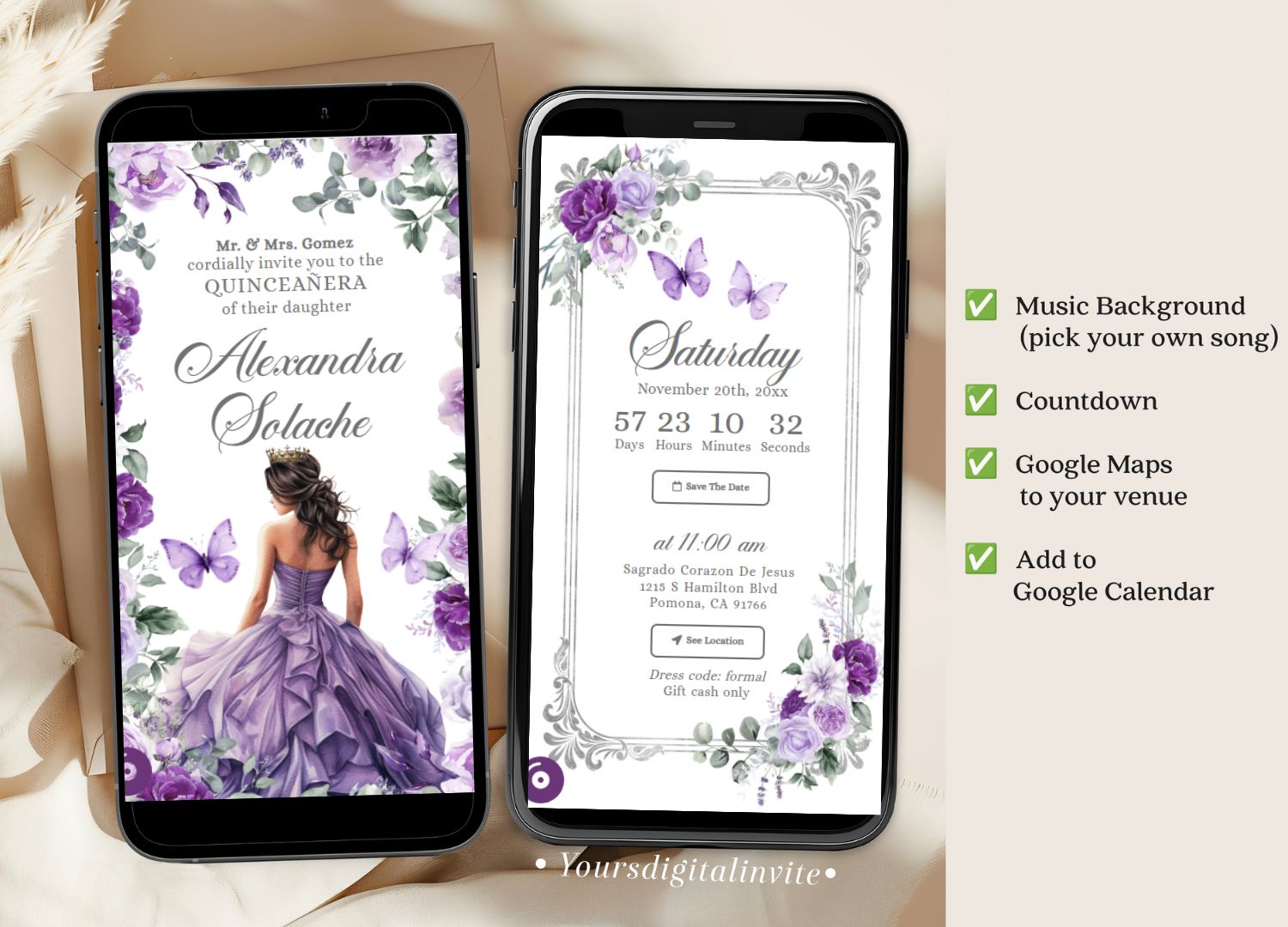 Silver Purple Princess Quinceanera Invitation