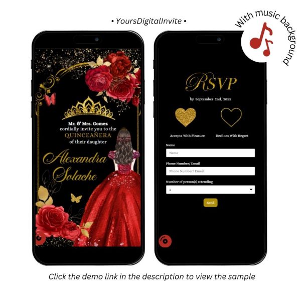 Elegant Black and Red Roses Royal Princess Invitation RSVP