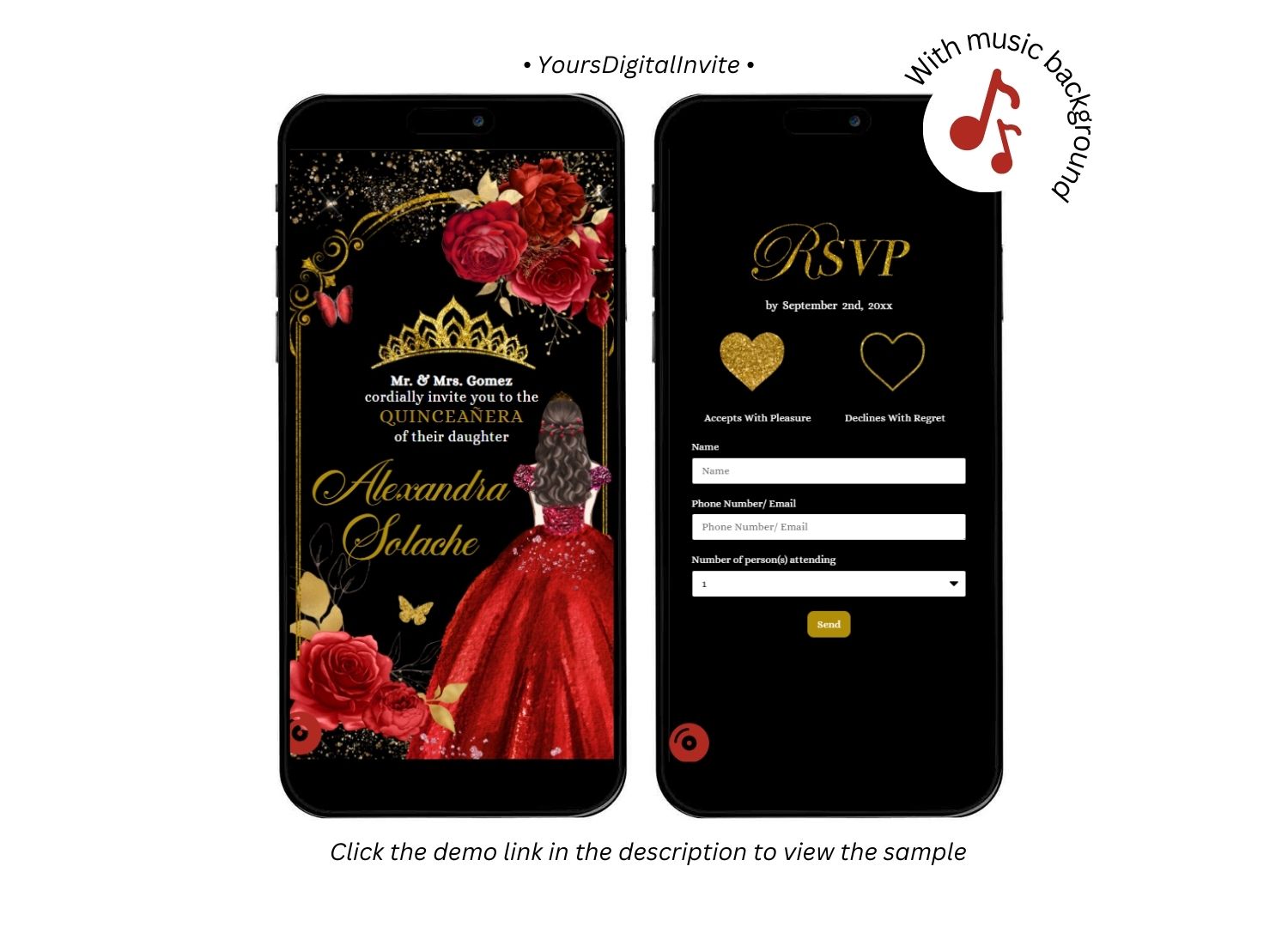 Elegant Black and Red Roses Royal Princess Invitation RSVP