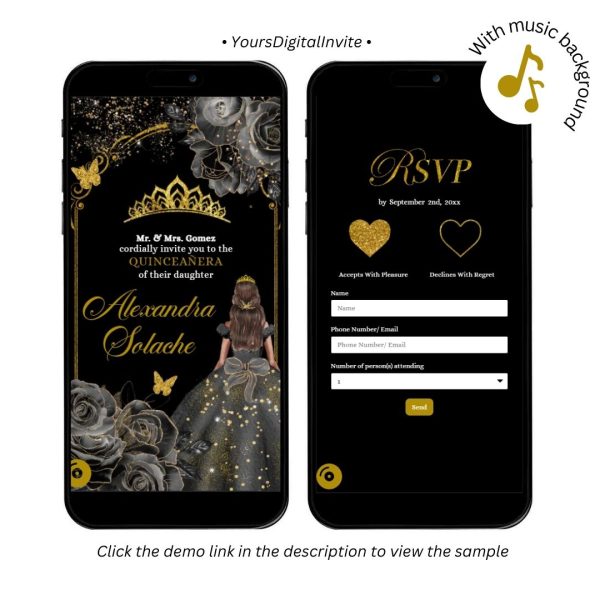 Elegant Black and Gold Roses Royal Mexican Princess Invitation RSVP