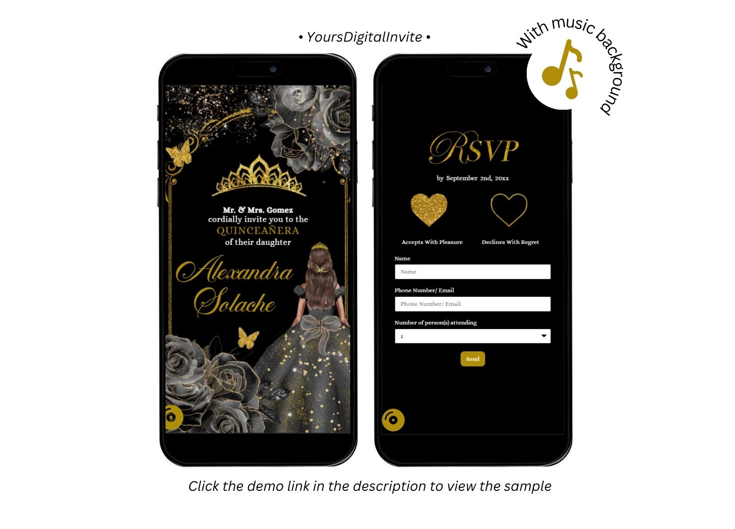 Elegant Black and Gold Roses Royal Mexican Princess Invitation RSVP