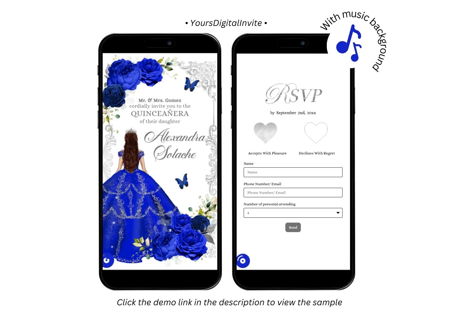 1+4 (1) A22 ROyal Elegant Royal Blue Princess Quinceanera Invitation