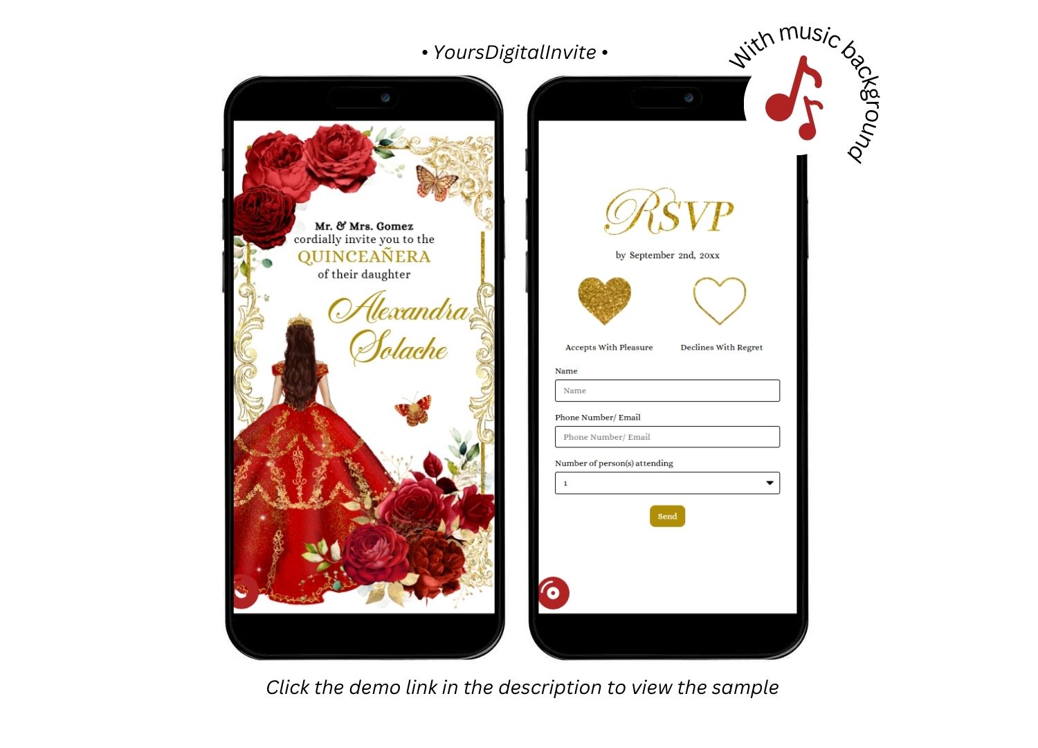 1+4 (1) A22 reds Elegant Red Princess Quinceanera Invitation