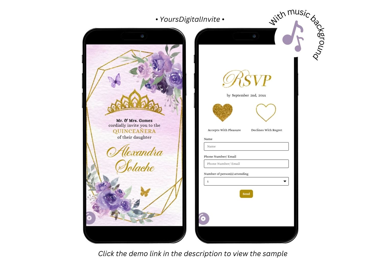 Gold Purple Floral Butterfly Crown Quinceanera Invitation RSVP