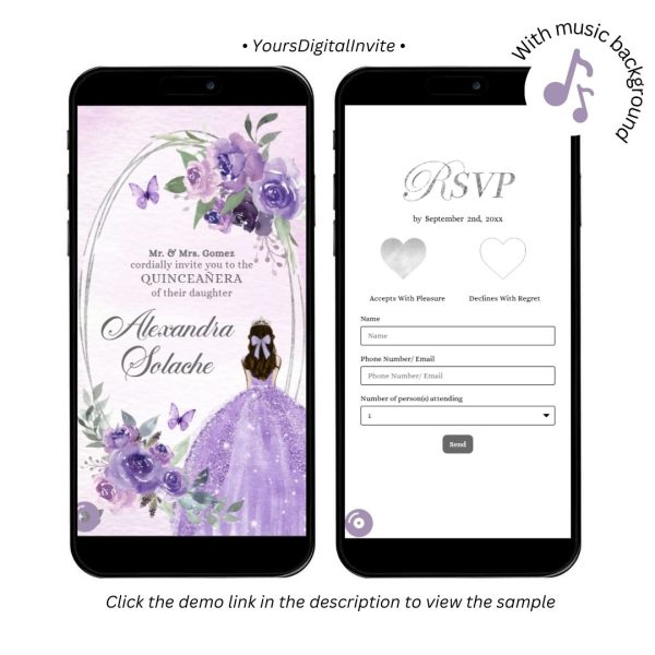 Q5 Silver Purple Floral Butterfly Princessa Quinceanera Invitation