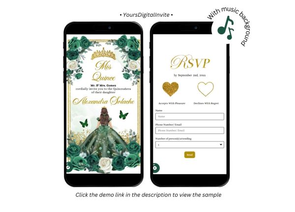 Gold and Emerald Green Princess Quinceanera Invitation