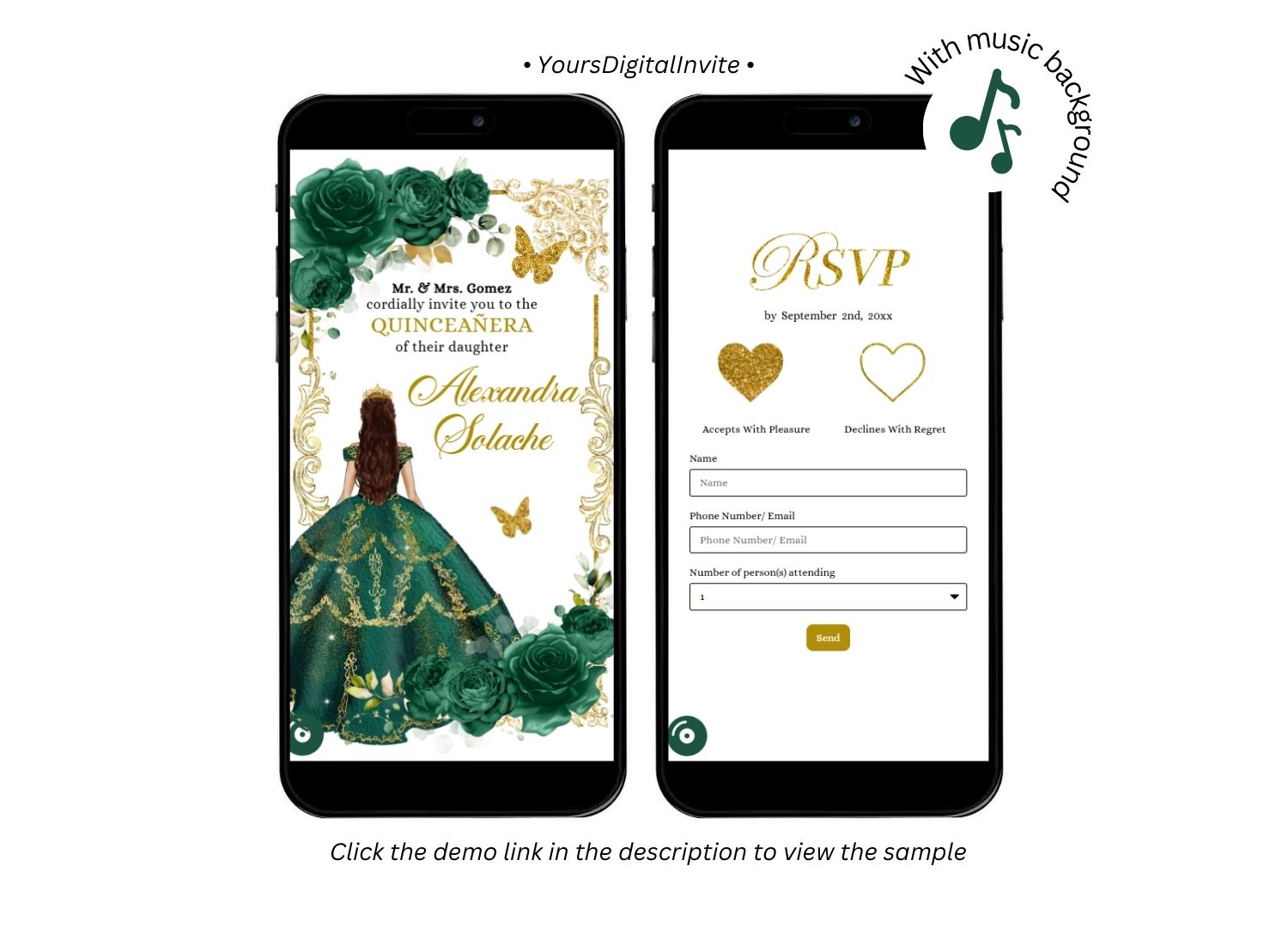 1+4 A22 Emerald Elegant Emerald Green Princess Quinceanera Invitation