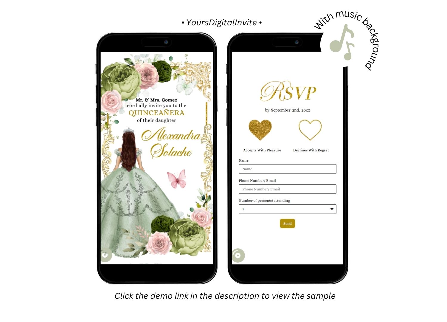 Elegant Sage and Pink Princess Quinceanera Invitation