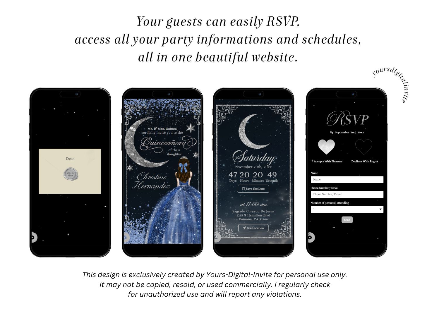 Gold Dusty Blue Quinceanera Celestial Glam Invitation