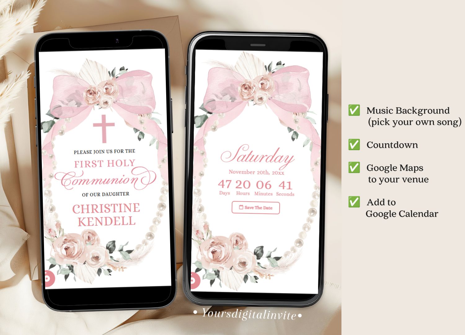 3 A5 holy Bow and Pearl First Holy Communion Invitation event details