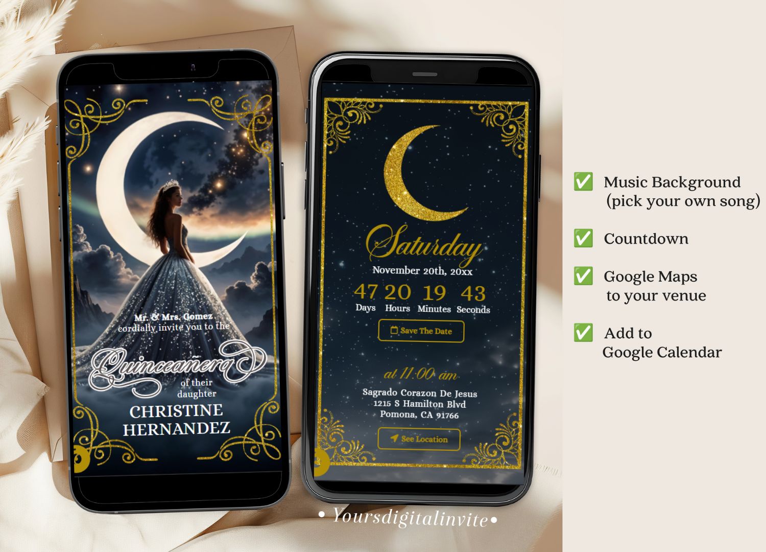 Gold Dusty Blue Quinceanera Celestial Glam Invitation