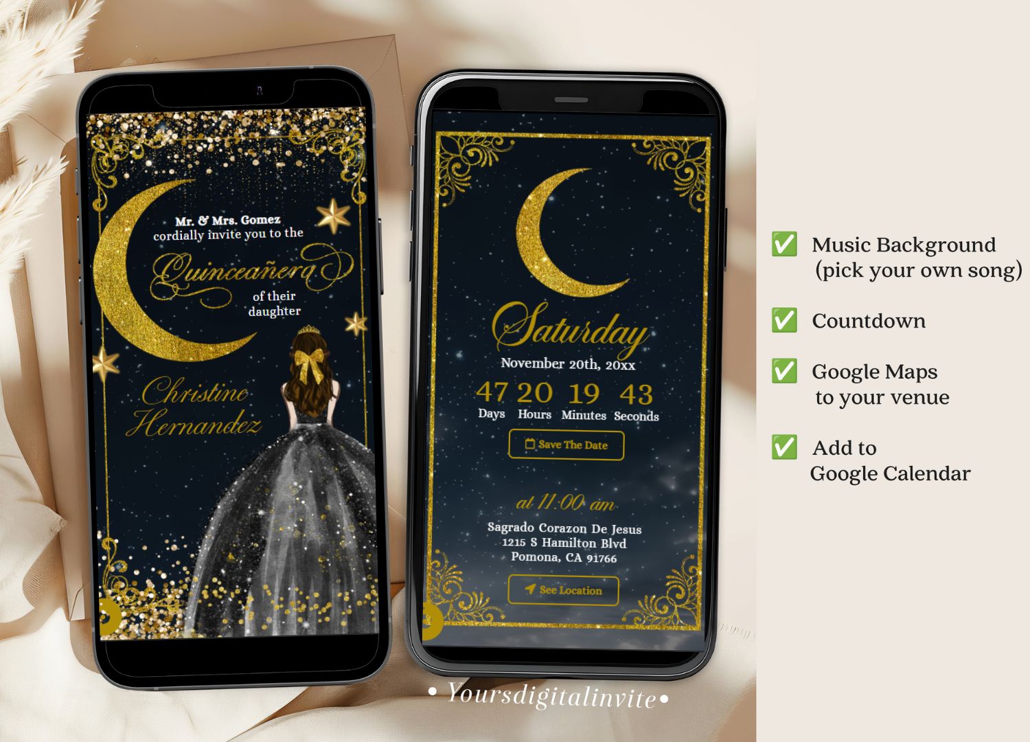 Q35s Starry Night Dark Quinceanera Invitation