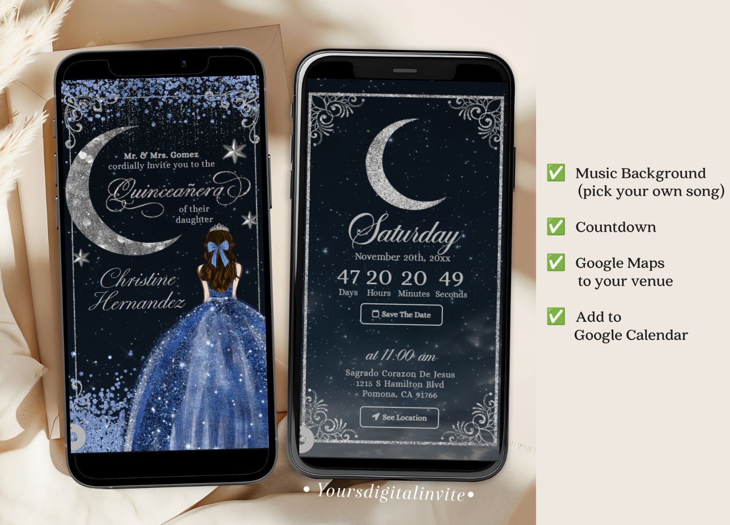 Gold Dusty Blue Quinceanera Celestial Glam Invitation