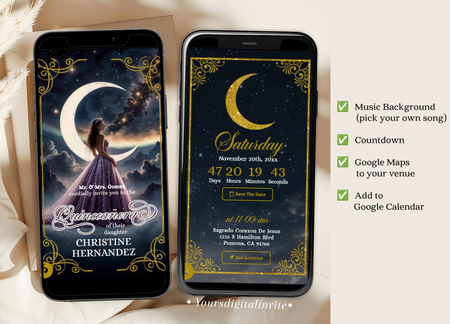 Gold Purple Quinceanera Celestial Glam Invitation