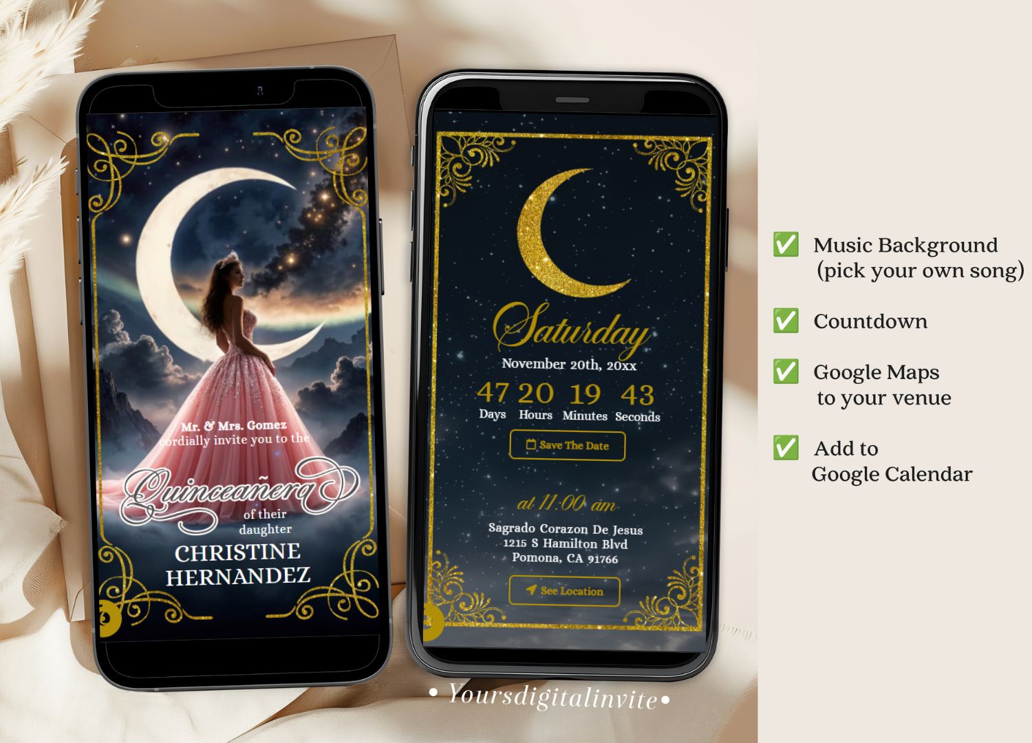 Q35 Gold Pink Quinceanera Celestial Glam Invitation