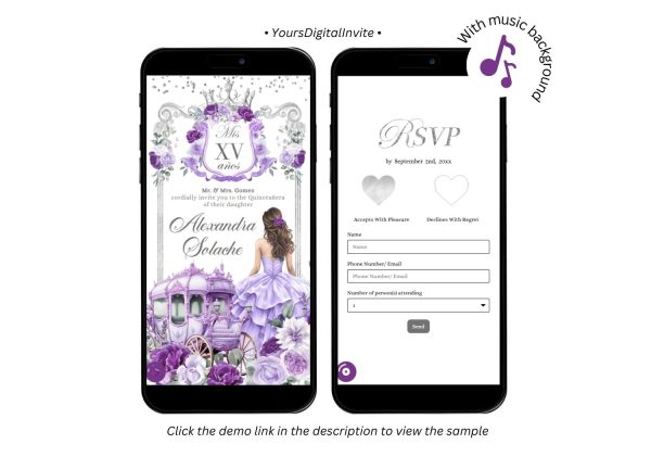 A20 Silver and Purple Carriage Royal Princess Quinceanera Invitation