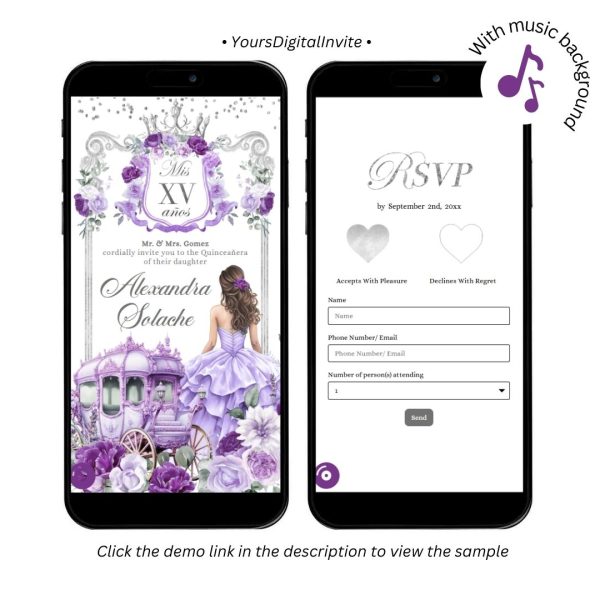 A20 Silver and Purple Carriage Royal Princess Quinceanera Invitation