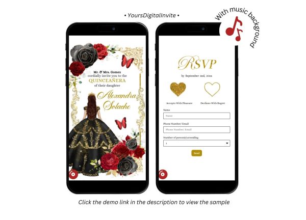 A22 Black and Red Princess Quinceanera Invitation