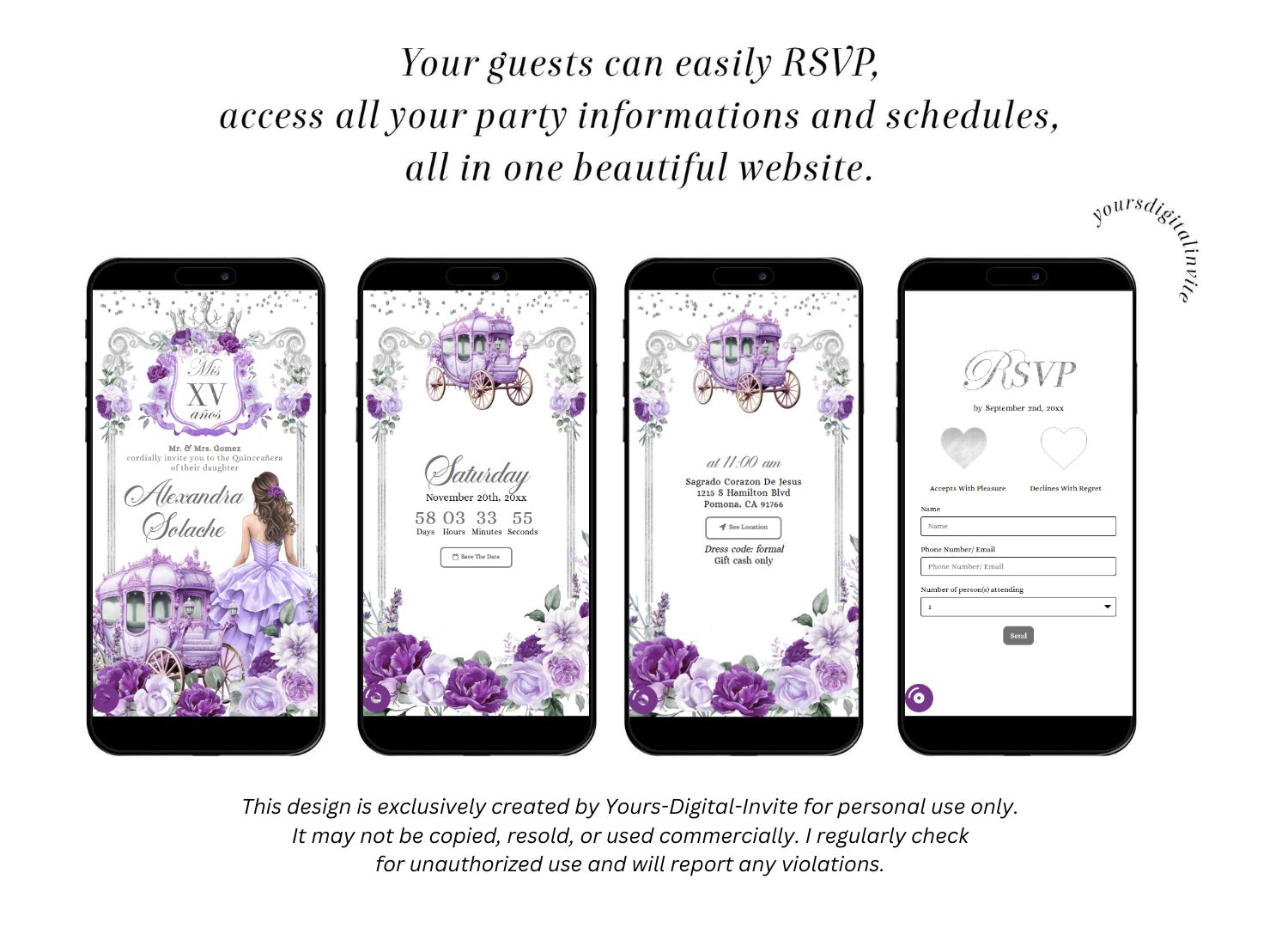 All A20 purple A20 Silver and Purple Carriage Royal Princess Quinceanera Invitation