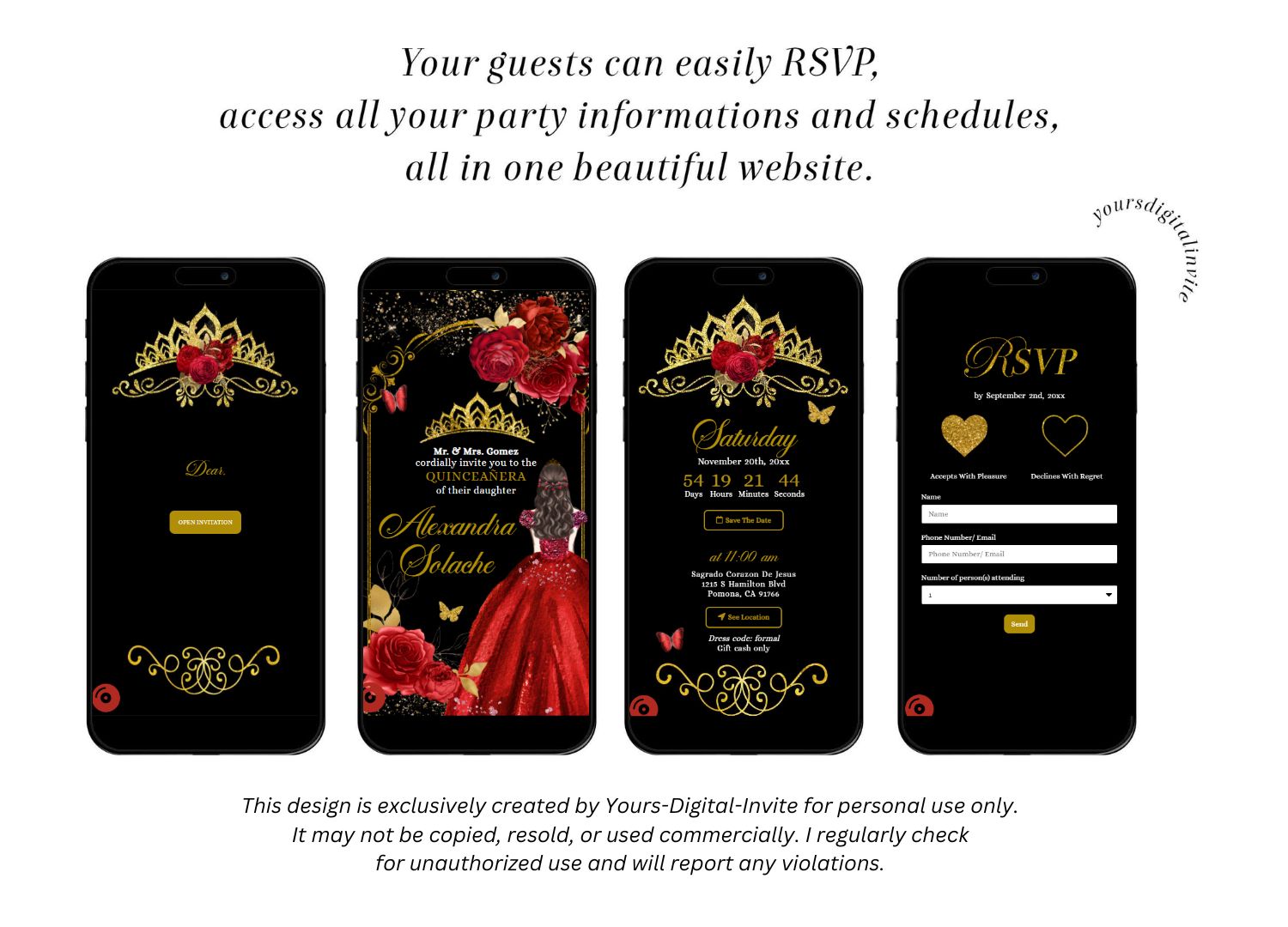 Elegant Black and Red Roses Royal Princess Invitation