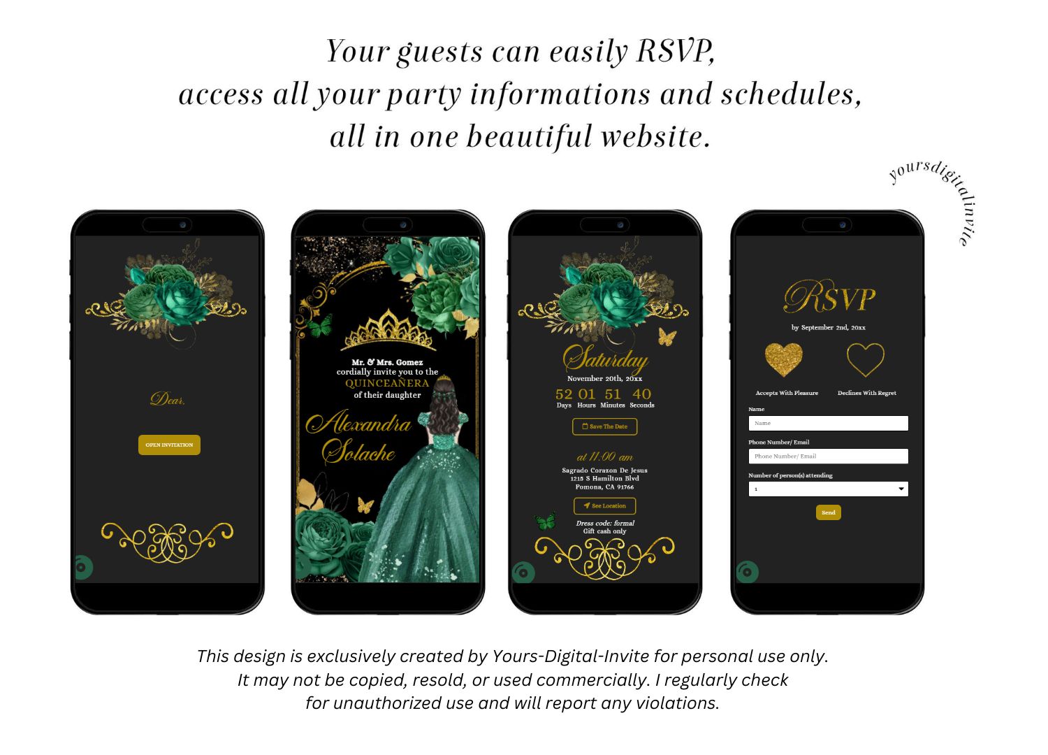 Elegant Black And Emerald Green Royal Princess Invitation