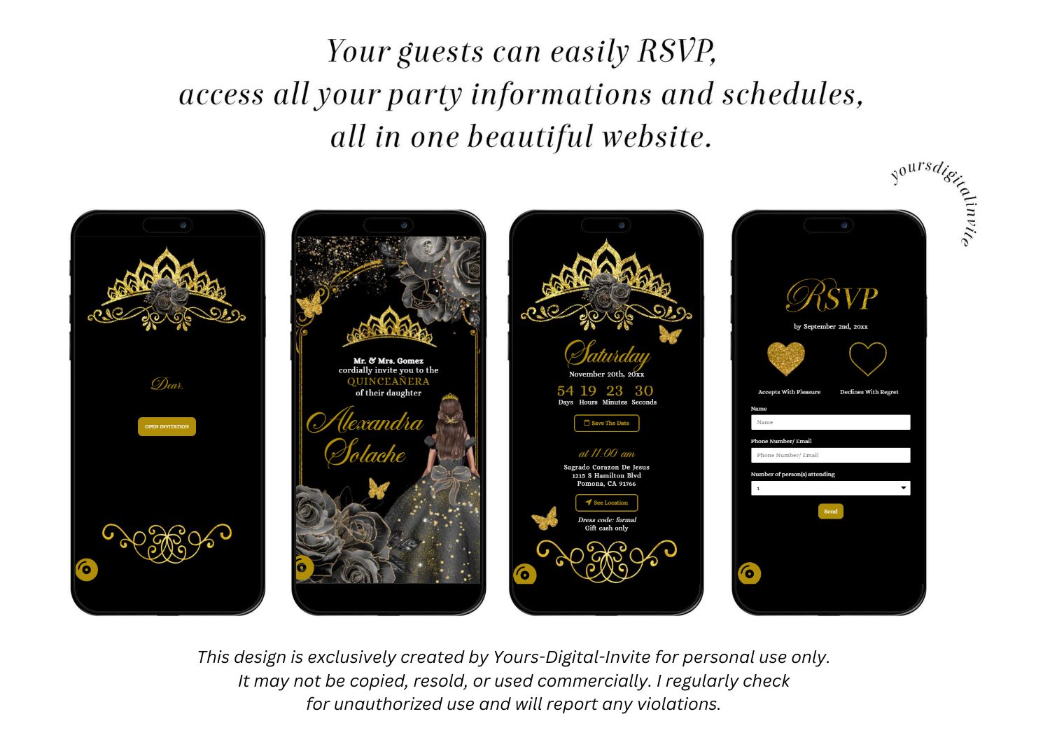 Elegant Black and Gold Roses Royal Mexican Princess Invitation