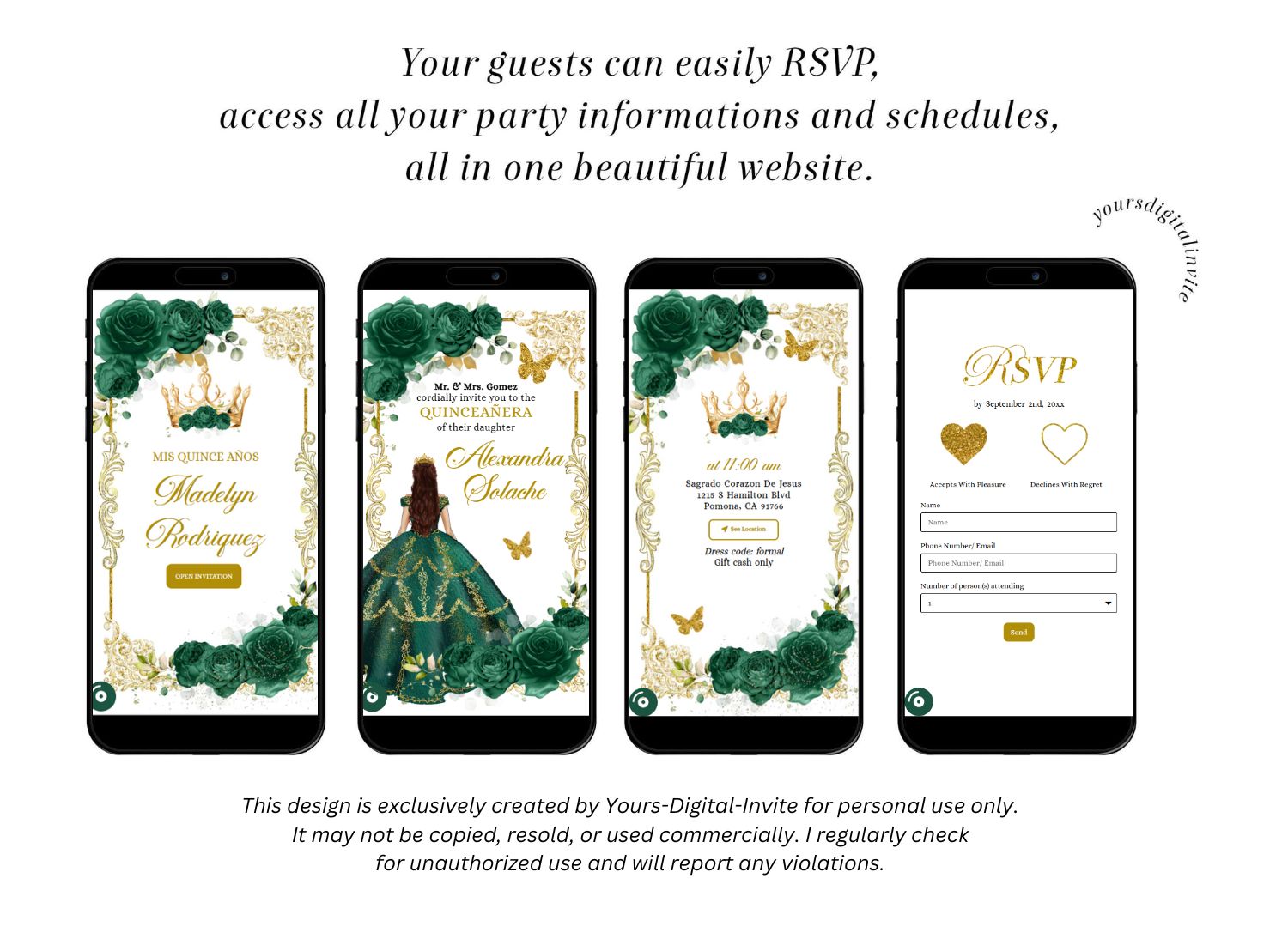 All A22 Emerald Elegant Emerald Green Princess Quinceanera Invitation