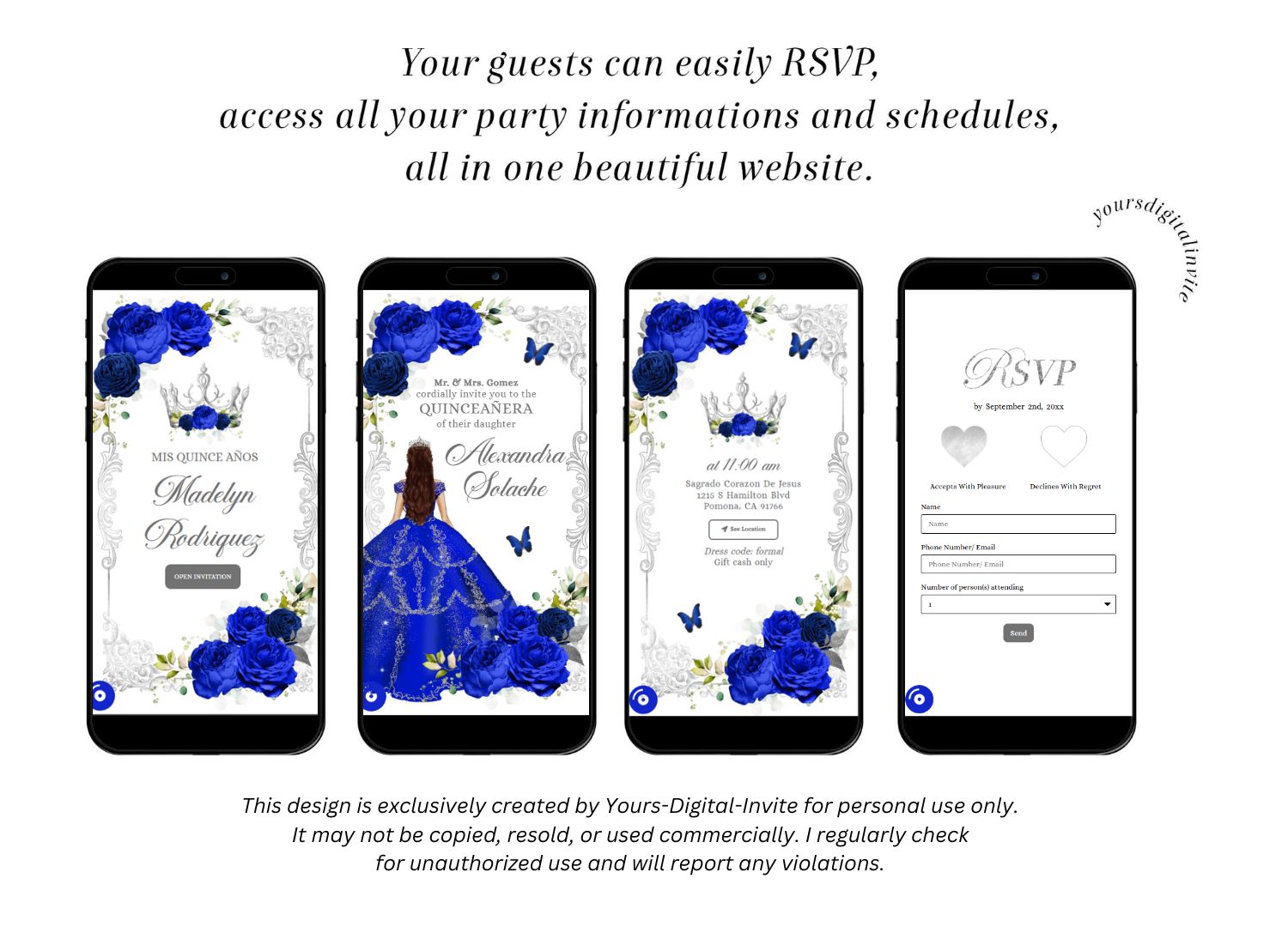 All A22 ROyal Elegant Royal Blue Princess Quinceanera Invitation