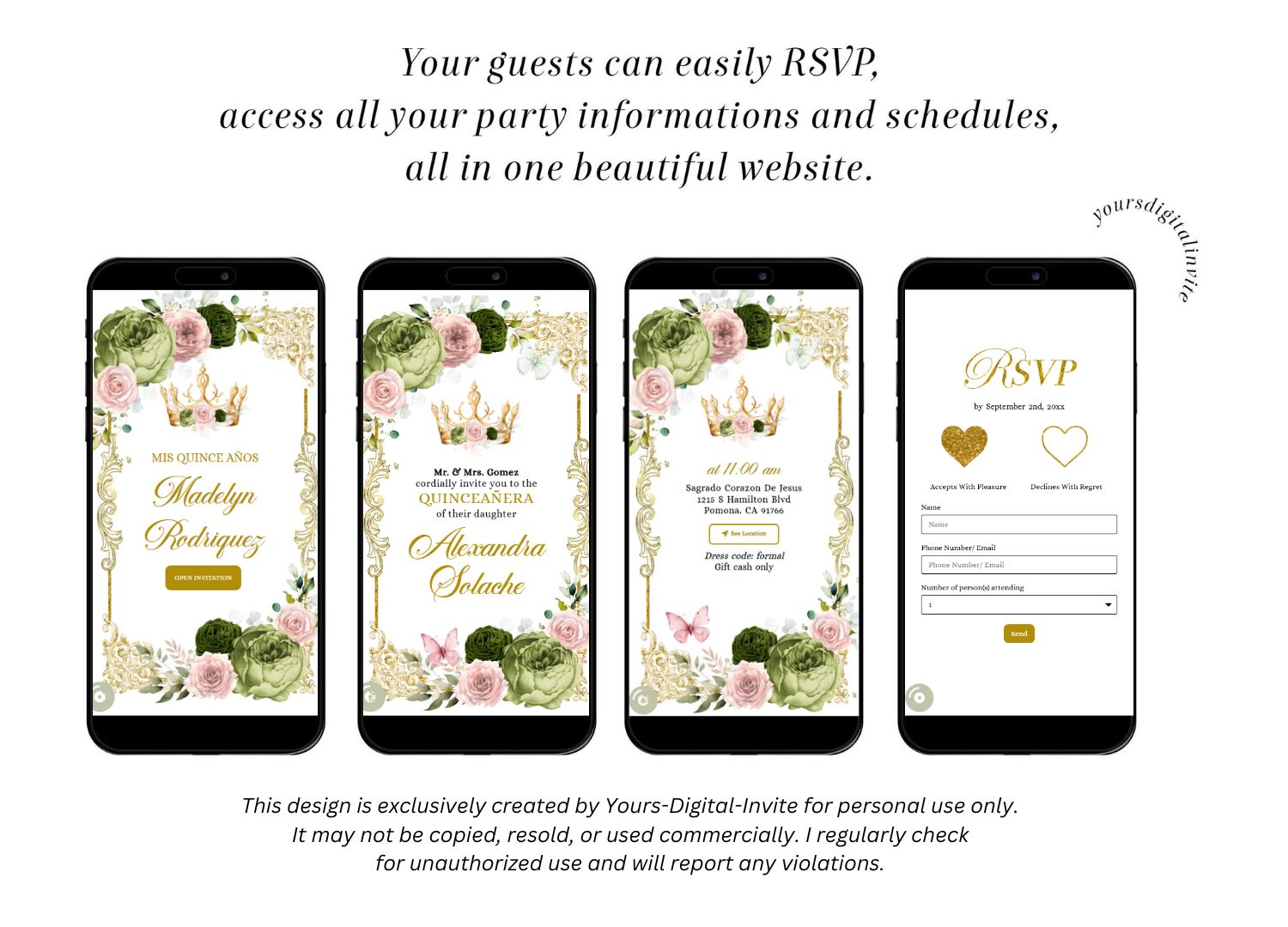 All A22 Sega Elegant Sage and Green Quinceanera Invitation