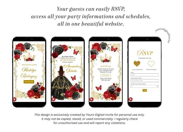 A22 Black and Red Princess Quinceanera Invitation